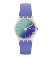 Swatch Ultralavande SGE718 - Ferrari Luca Gioielli - cassa trasparente in plastica - cinturino silicone viola - quadrante sfumato con datario