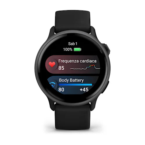 Profilo laterale del Garmin Vivoactive 6 con pulsanti funzione e dettaglio del cinturino in silicone nero