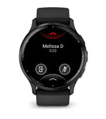 Load image into Gallery viewer, Cassa rotonda da 45 mm in resina fibrorinforzata nera con cinturino in pelle nero del Garmin Venu 3
