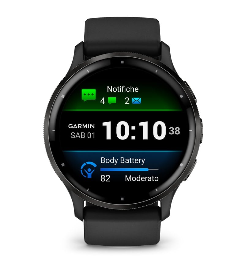 Display AMOLED da 1,4 pollici del Garmin Venu 3 con interfaccia touchscreen a colori e dati fitness in evidenza