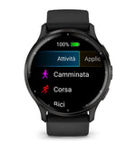 Load image into Gallery viewer, Profilo laterale del Garmin Venu 3 con pulsanti funzione e dettaglio del cinturino in pelle nera

