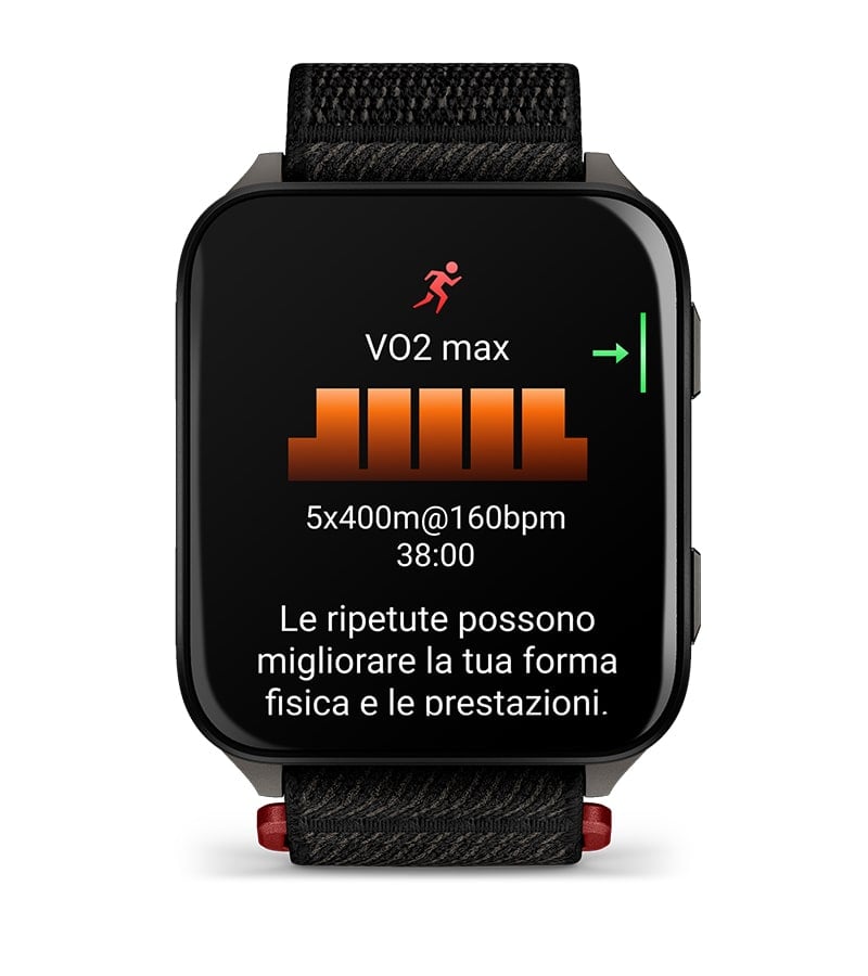 Profilo laterale del Garmin Venu X1 con pulsanti funzione e dettaglio del cinturino in nylon nero