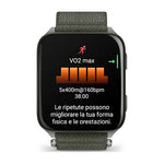 Load image into Gallery viewer, Profilo laterale del Garmin Venu X1 con pulsanti funzione e dettaglio del cinturino in nylon moss
