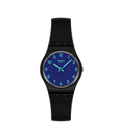 Orologio Swatch Grace in Time modello LB188 con cassa rotonda blu scuro testurizzata e quadrante con numeri verdi chiaro stampati.