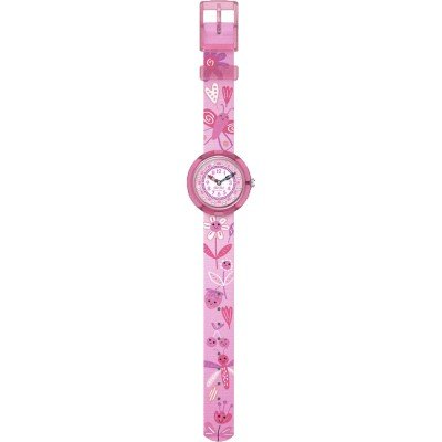 Primo piano sul cinturino tessile multicolore e la cassa verde dell’orologio FLNP016