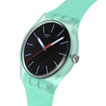 Load image into Gallery viewer, Dettaglio cinturino verde in plastica/resina con fibbia dell’orologio Swatch Hint of Mint SO29L103.

