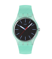 Orologio Swatch Hint of Mint SO29L103 con cassa rotonda in plastica verde e quadrante nero strutturato con lancette blu e rosse.