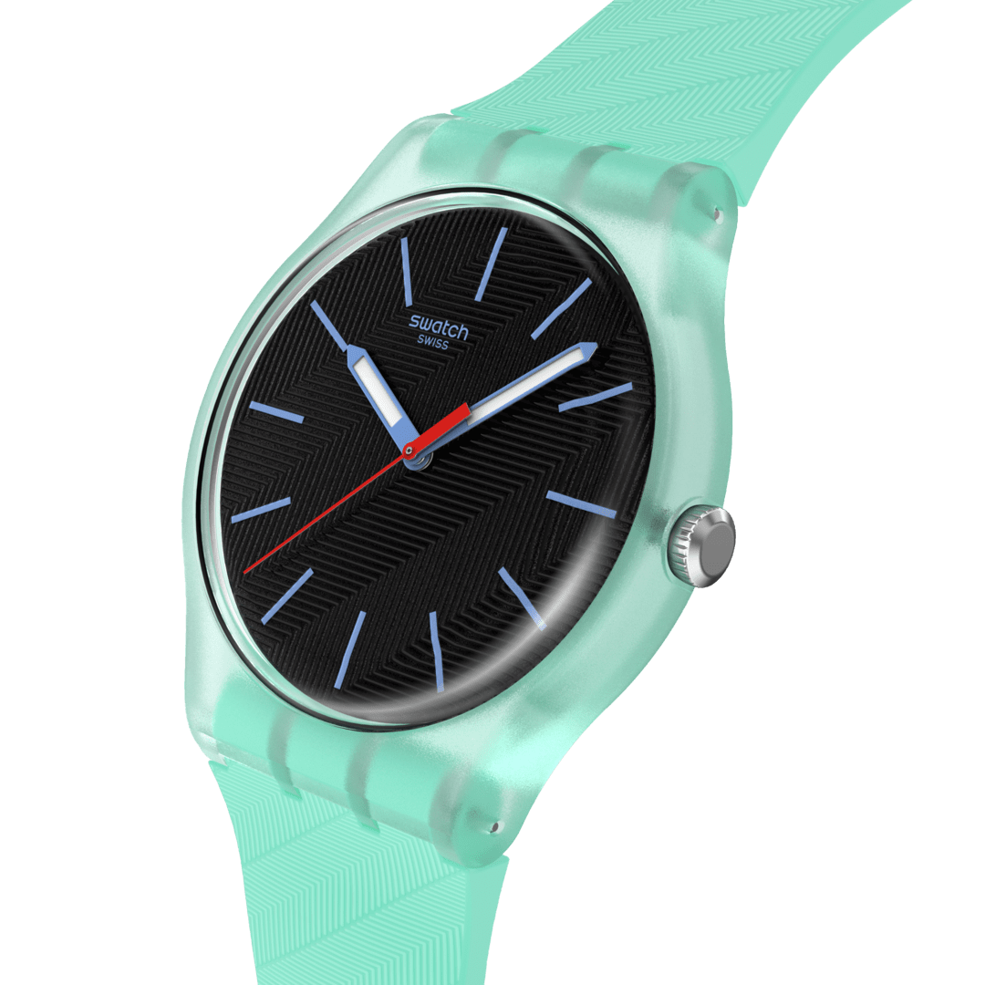 Dettaglio cinturino verde in plastica/resina con fibbia dell’orologio Swatch Hint of Mint SO29L103.