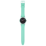 Load image into Gallery viewer, Vista frontale dell’orologio Swatch Hint of Mint SO29L103 con quadrante nero e lancette colorate per uso quotidiano.
