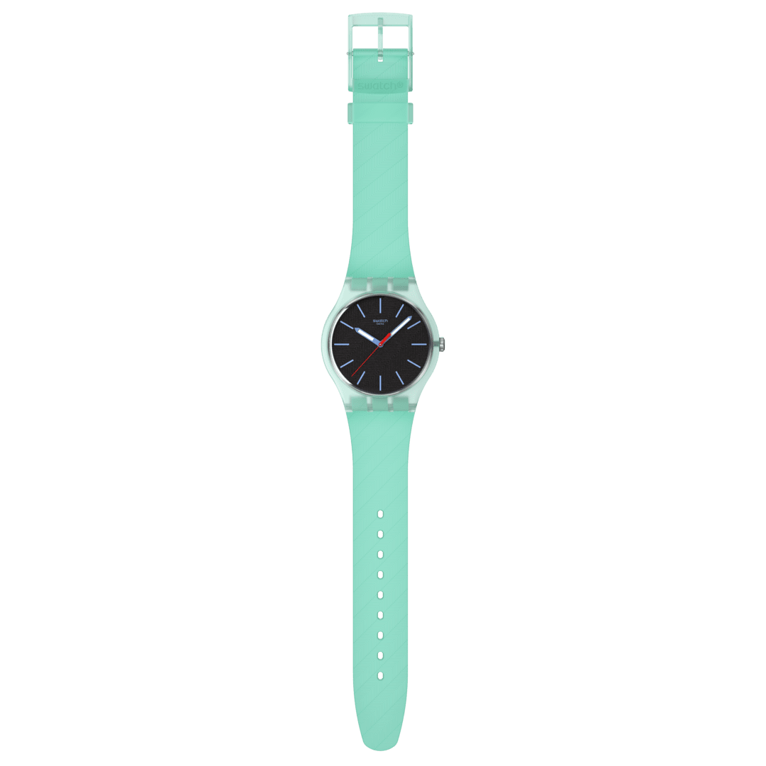 Vista frontale dell’orologio Swatch Hint of Mint SO29L103 con quadrante nero e lancette colorate per uso quotidiano.