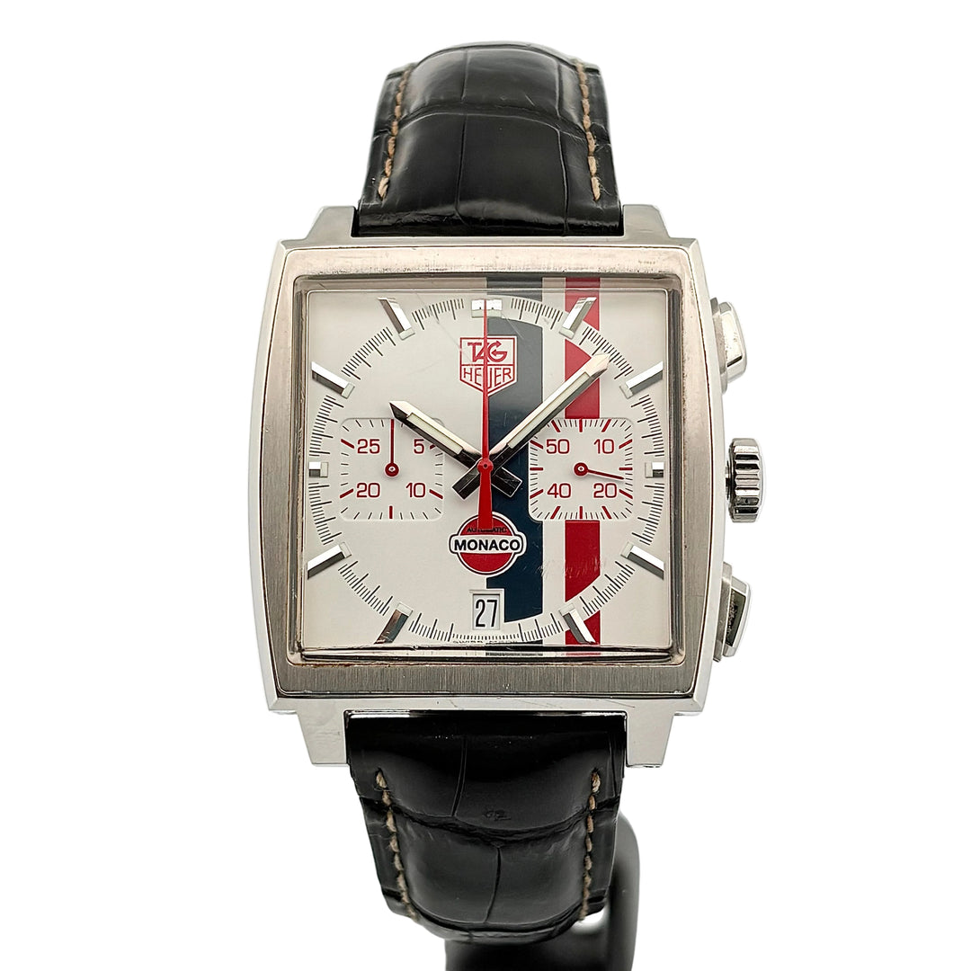 TAG Heuer Monaco Gulf quadrante bianco CW2118.FC6207 - cassa in acciaio e cinturino in pelle nera