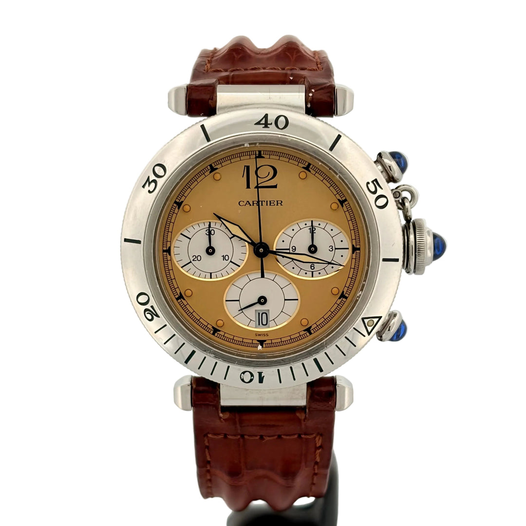 CARTIER Pasha Chrono Quarzo 1050 Champagne W31004H3 - cassa acciaio - cinturino pelle marrone - quadrante giallo con cronografo e datario