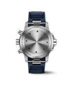 Load image into Gallery viewer, Dettaglio quadrante blu con lancette rodiate, cronografo e datario.
