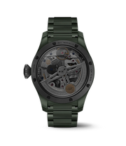 Dettaglio quadrante verde con complicazioni calendario perpetuo e doppie fasi lunari.