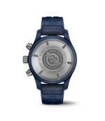 Load image into Gallery viewer, Dettaglio quadrante blu con numeri arabi luminescenti e contatori cronografici.
