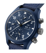 Load image into Gallery viewer, Cinturino in caucciù blu con inserto denim e fibbia ad ardiglione in acciaio e titanio.
