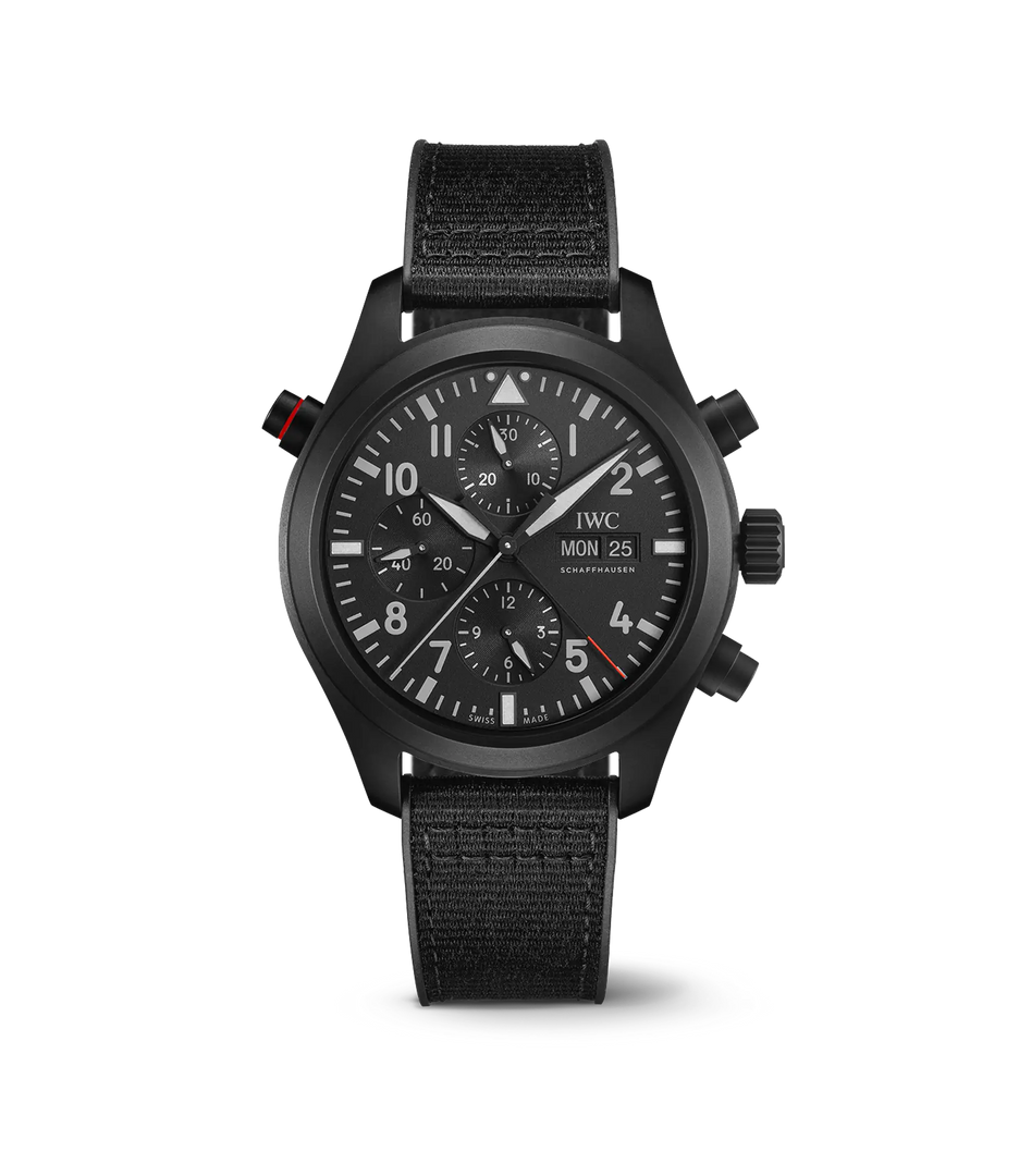 IWC Pilot’s Watch Double Chronograph TOP GUN Ceratanium IW371815 con cassa in Ceratanium nero opaco da 44 mm e quadrante nero matt.

