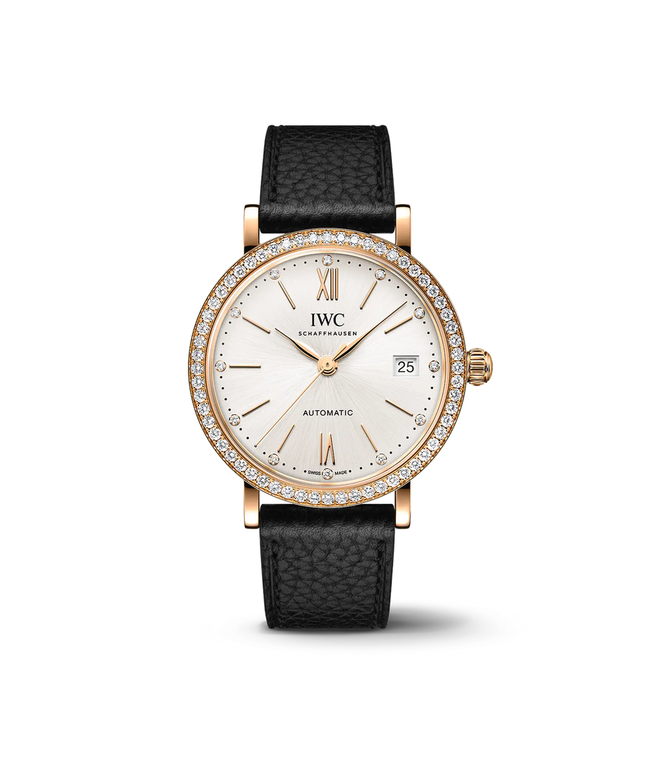 IWC Portofino Automatic 37 IW658603 con cassa in oro rosso 18 ct da 37 mm, lunetta con diamanti e quadrante argentato.