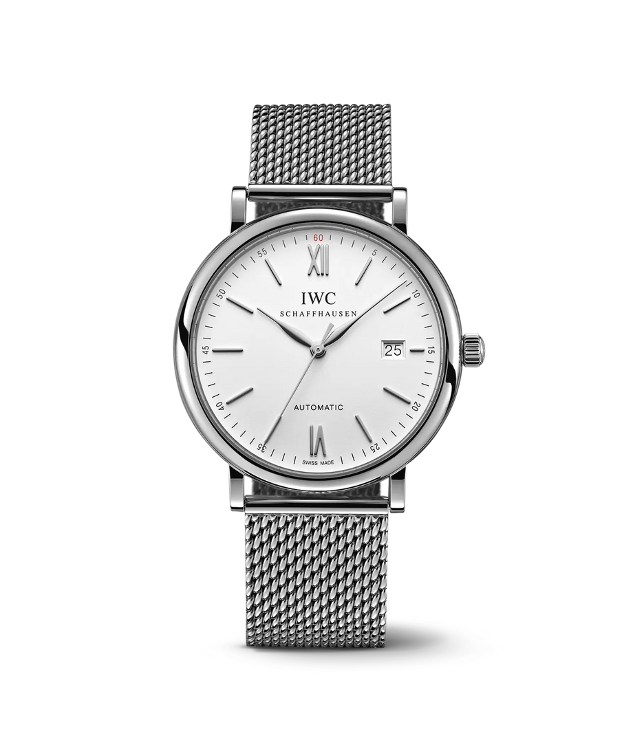 IWC Portofino Automatic IW356505 con cassa in acciaio 40 mm e quadrante argentato pulito con datario.