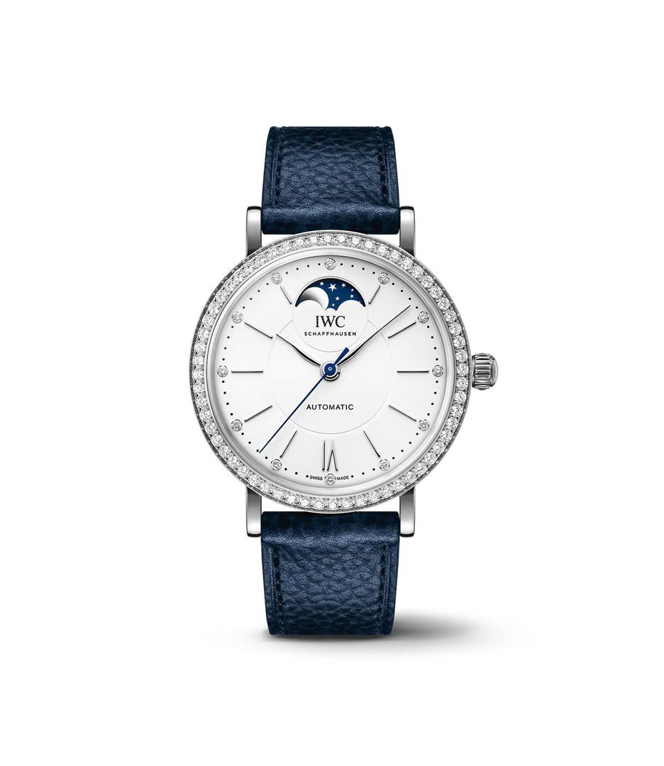 IWC Portofino Automatic Moon Phase 37 IW659601 con cassa in acciaio 37,1 mm e quadrante blu con fasi lunari.