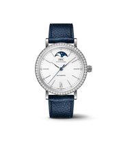 IWC Portofino Automatic Moon Phase 37 IW659601 con cassa in acciaio 37,1 mm e quadrante blu con fasi lunari.