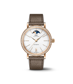 Load image into Gallery viewer, IWC Portofino Automatic Moon Phase 37 IW659602 con cassa in oro rosso 18 ct, lunetta con diamanti e quadrante argentato.
