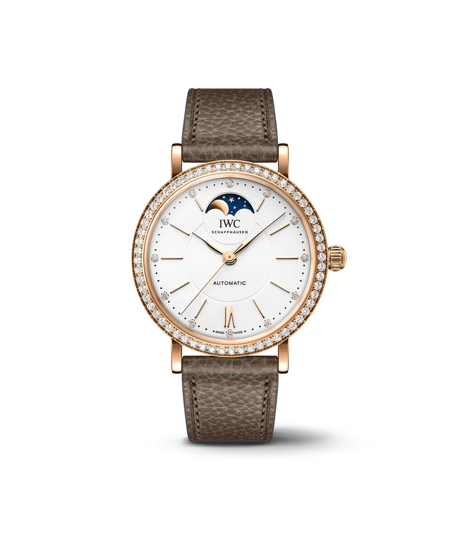 IWC Portofino Automatic Moon Phase 37 IW659602 con cassa in oro rosso 18 ct, lunetta con diamanti e quadrante argentato.