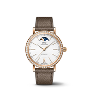 IWC Portofino Automatic Moon Phase 37 IW659602 con cassa in oro rosso 18 ct, lunetta con diamanti e quadrante argentato.