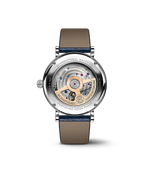 Load image into Gallery viewer, Dettaglio quadrante blu con indici romani e lancette placcate oro, funzione fasi lunari.
