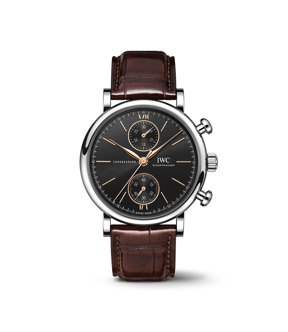 IWC Portofino Chronograph 39 IW391404 con cassa in acciaio 39 mm e quadrante grigio con lancette rodiate.