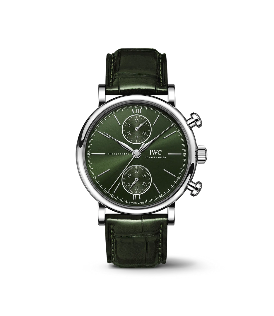 IWC Portofino Chronograph 39 IW391405 con cassa in acciaio 39 mm e quadrante verde opaco con contatori cronografici.