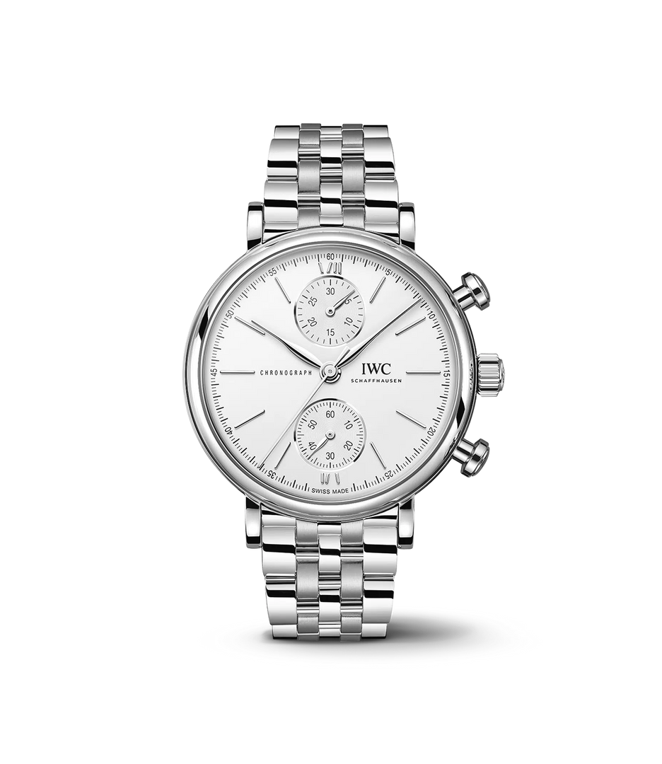 IWC Portofino Chronograph 39 IW391503 con cassa in acciaio 39 mm e quadrante argenté con lancette rodiate.