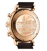 Load image into Gallery viewer, Dettaglio quadrante argentato con contatori cronografici e lancette in oro rosso.
