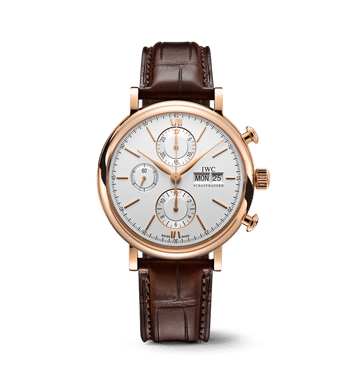 IWC Portofino Chronograph IW391025 con cassa in oro rosso 18 ct da 42 mm e quadrante argentato.