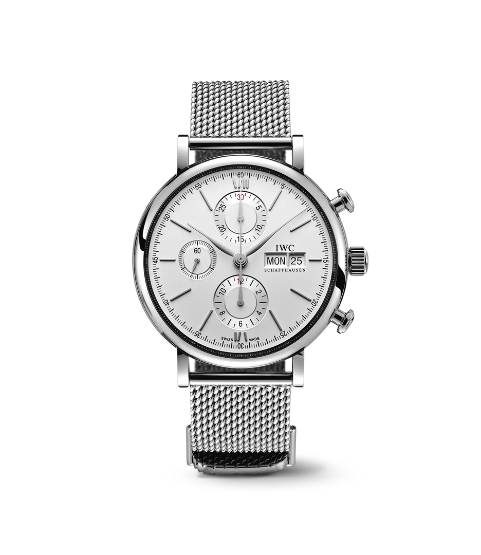 IWC Portofino Chronograph IW391028 con cassa in acciaio 42 mm e quadrante argenté.
