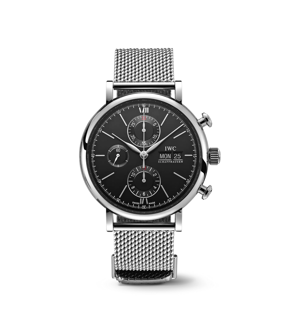 IWC Portofino Chronograph IW391030 con cassa in acciaio 42 mm e quadrante nero opaco.