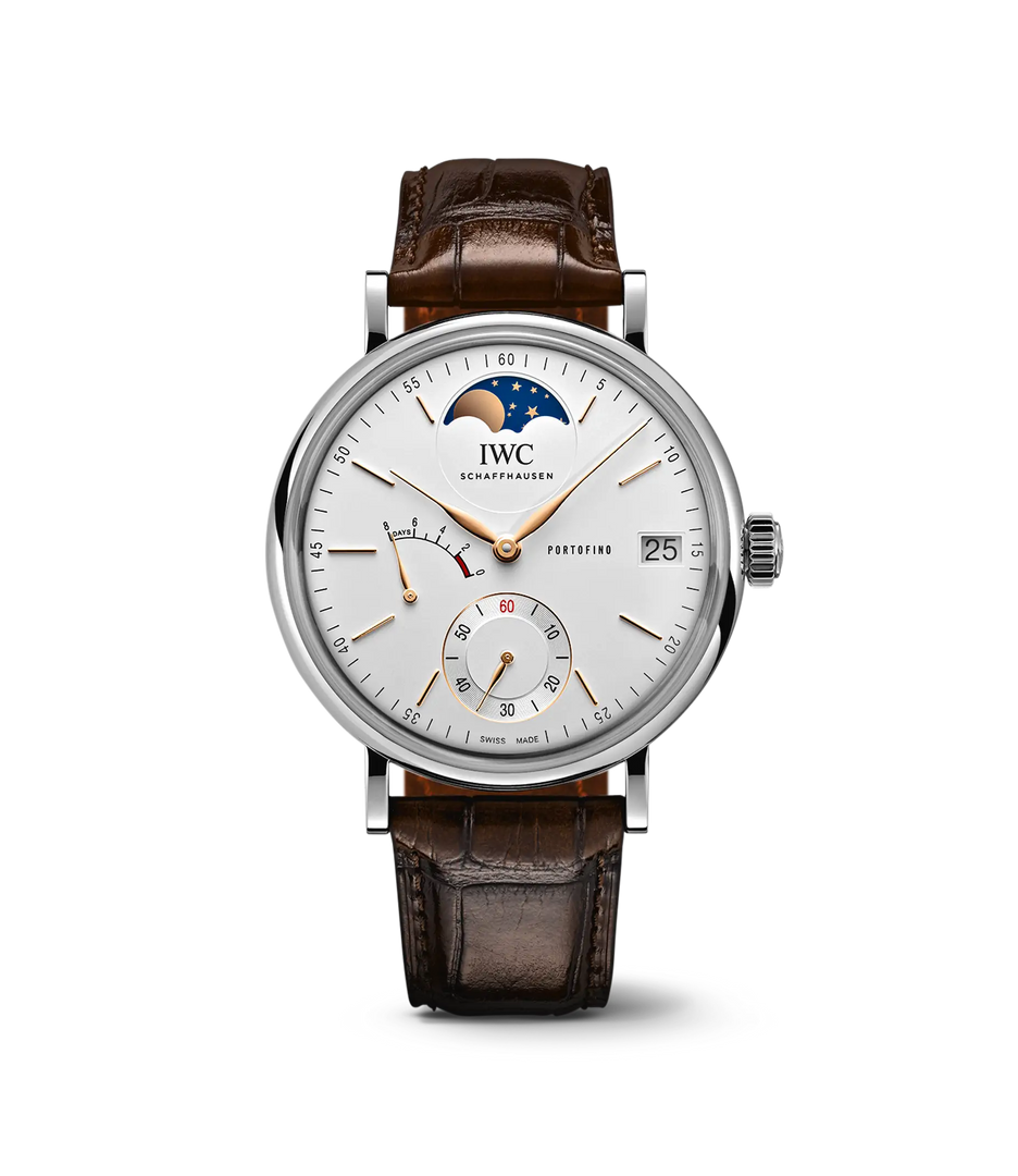 IWC Portofino Hand-Wound Moon Phase IW516401 con cassa in acciaio 45 mm e quadrante argentato con complicazioni.