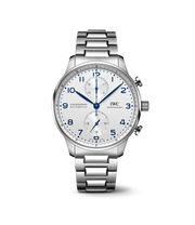 IWC Portugieser Chronograph IW371617 con cassa in acciaio da 41 mm e quadrante argentato con due contatori.