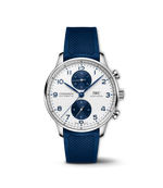 Load image into Gallery viewer, IWC Portugieser Chronograph IW371620 con cassa in acciaio 41 mm e quadrante bianco con contatori blu.

