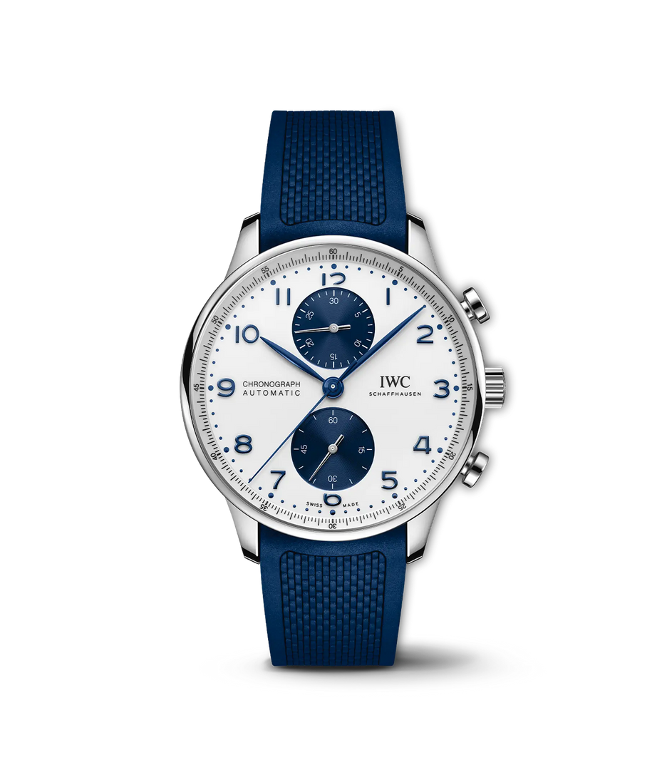 IWC Portugieser Chronograph IW371620 con cassa in acciaio 41 mm e quadrante bianco con contatori blu.