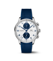 IWC Portugieser Chronograph IW371620 con cassa in acciaio 41 mm e quadrante bianco con contatori blu.