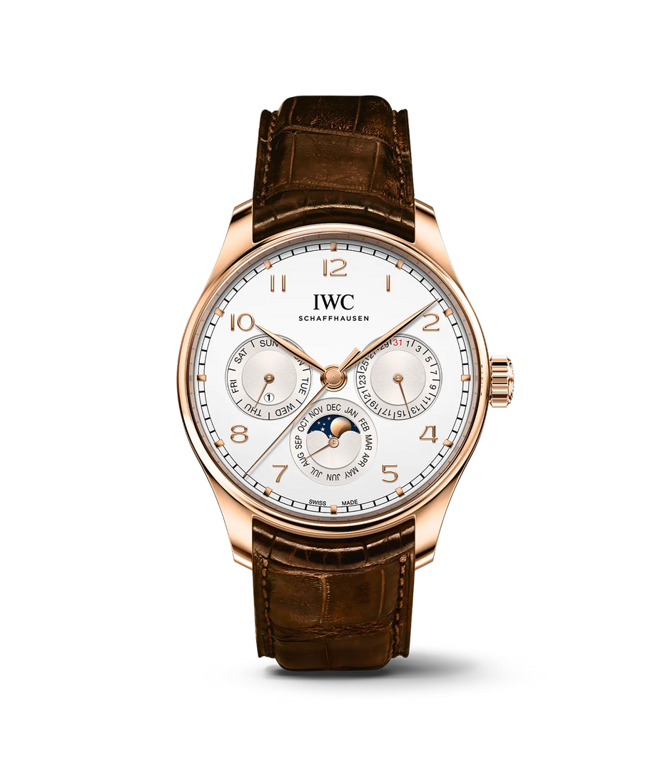 IWC Portugieser Perpetual Calendar 42 IW344202 con cassa in oro rosso 42,4 mm e quadrante argentato con calendario perpetuo.