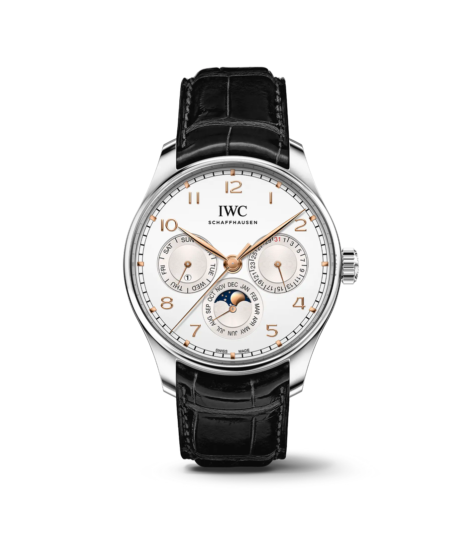 IWC Portugieser Perpetual Calendar 42 IW344203 con cassa in acciaio 42,4 mm e quadrante argentato con complicazioni calendario perpetuo.