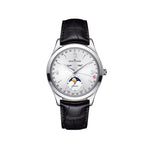Load image into Gallery viewer, Quadrante argentato spazzolato del Jaeger-LeCoultre Master Control Calendar con lancette Dauphine, numeri arabi, indicatore calendario completo e fasi lunari a ore 6
