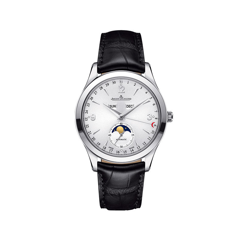 Quadrante argentato spazzolato del Jaeger-LeCoultre Master Control Calendar con lancette Dauphine, numeri arabi, indicatore calendario completo e fasi lunari a ore 6
