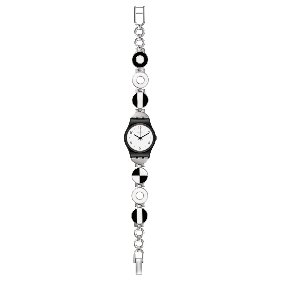 Swatch Blackiniere LB185G - cassa plastica nera - bracciale acciaio - quadrante bianco