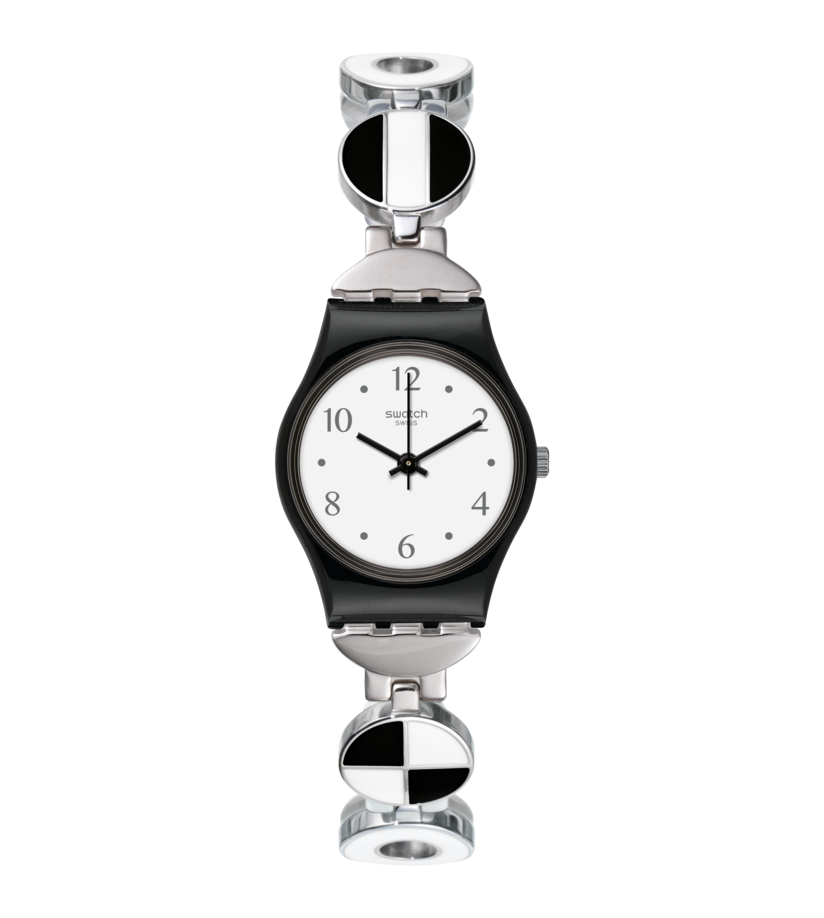 Swatch Blackiniere LB185G - cassa plastica nera - bracciale acciaio - quadrante bianco