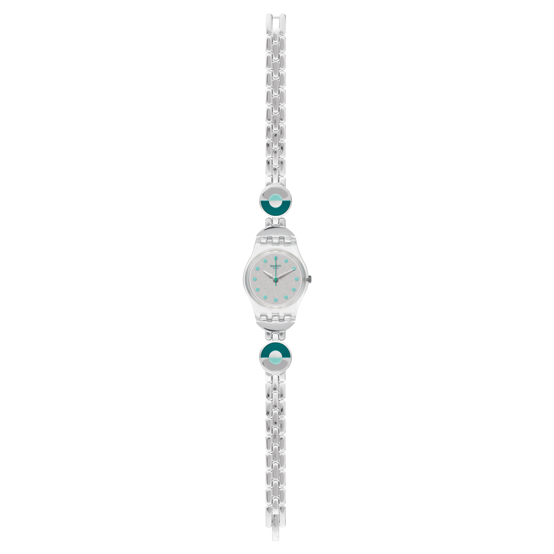 Swatch Blue pastel LK377G - cassa trasparente - quadrante argento e bracciale acciaio