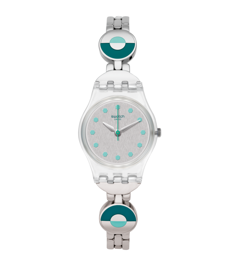 Swatch Blue pastel LK377G - cassa trasparente - quadrante argento e bracciale acciaio