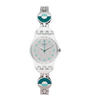 Swatch Blue pastel LK377G - cassa trasparente - quadrante argento e bracciale acciaio